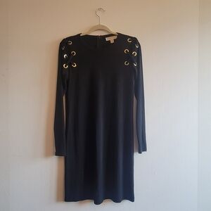 nye Michael Kors long sleeve, knee length, black shift dress with gold grommets